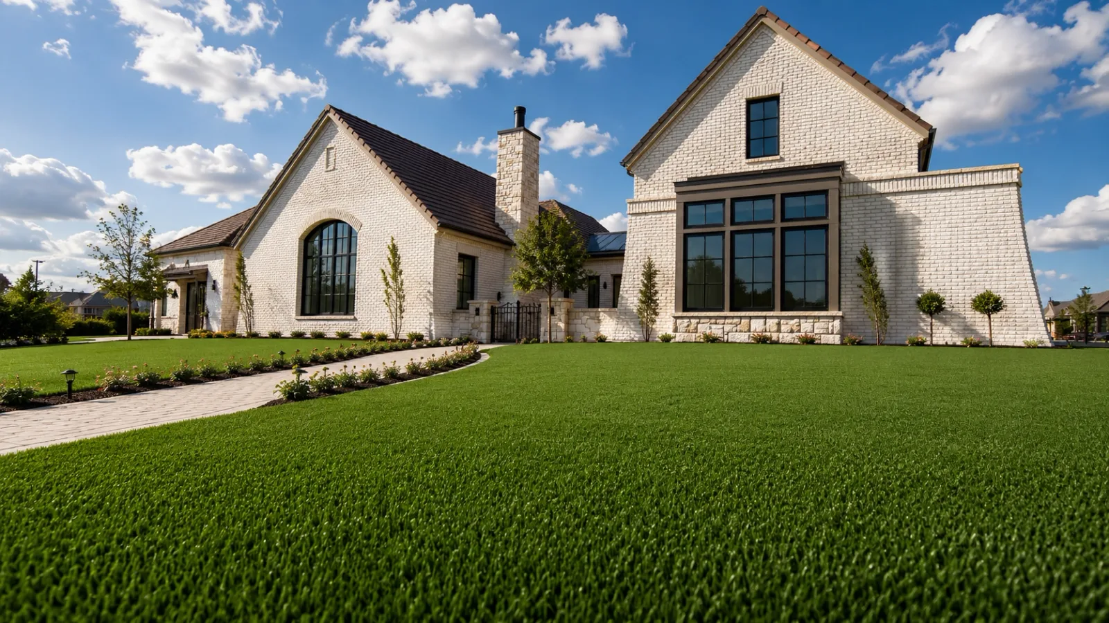 Luxury home with a lush green artificial turf front lawn supplied by The Turf Yard in Arizona and Utah