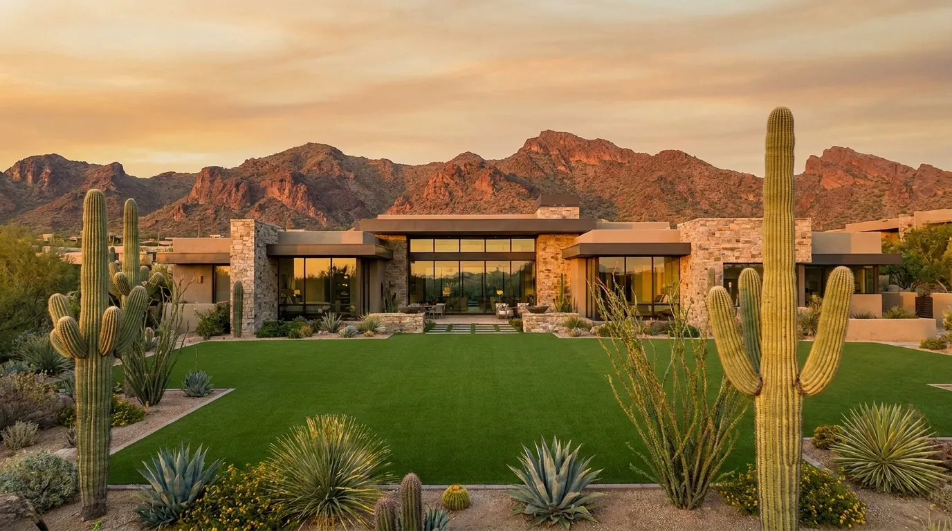 Upscale Arizona desert home with a lush artificial turf lawn