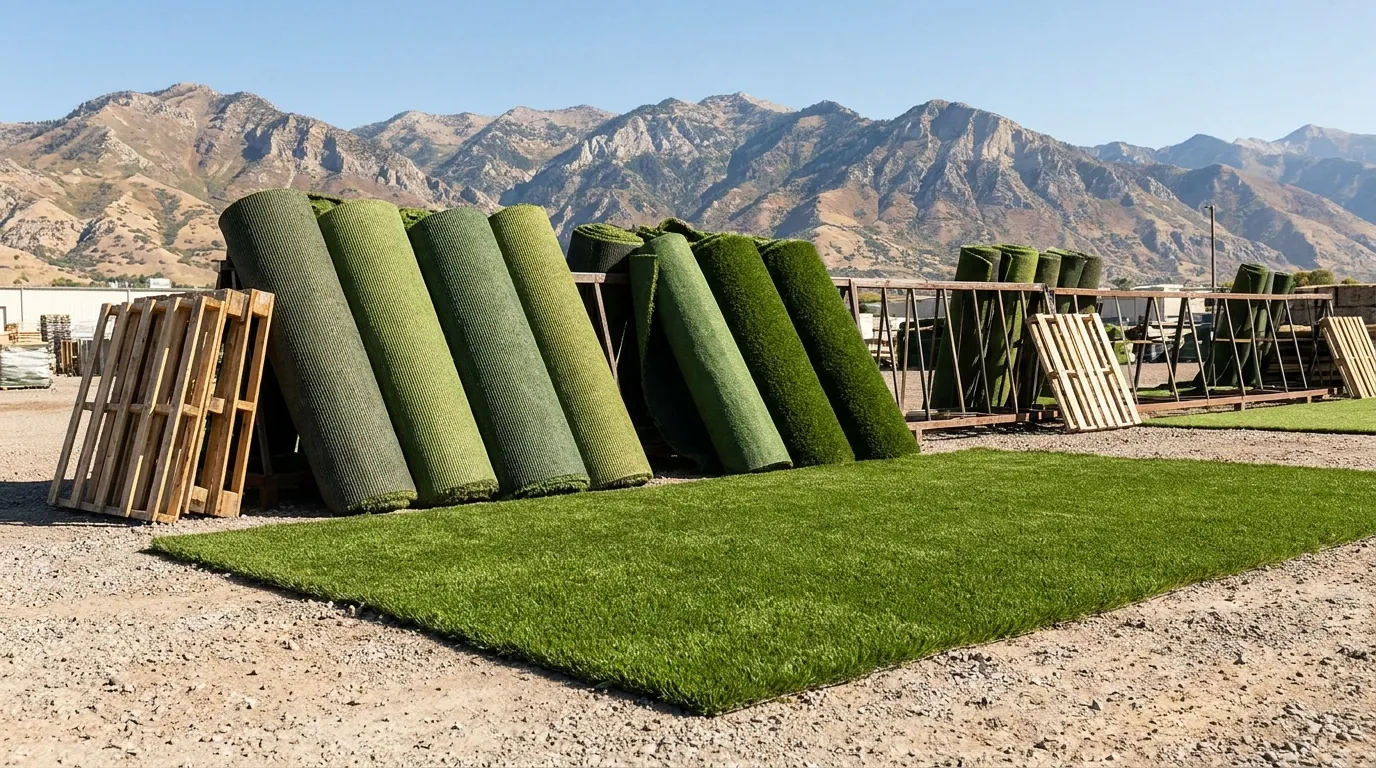 Artificial turf and rolls at The Turf Yard Provo yard with mountains