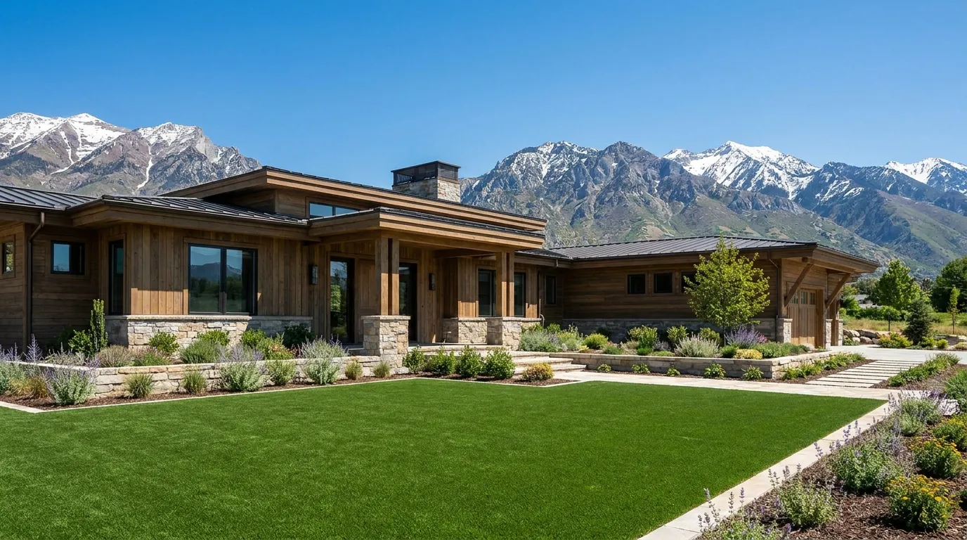 Utah home with artificial turf lawn and snow-capped Wasatch mountains