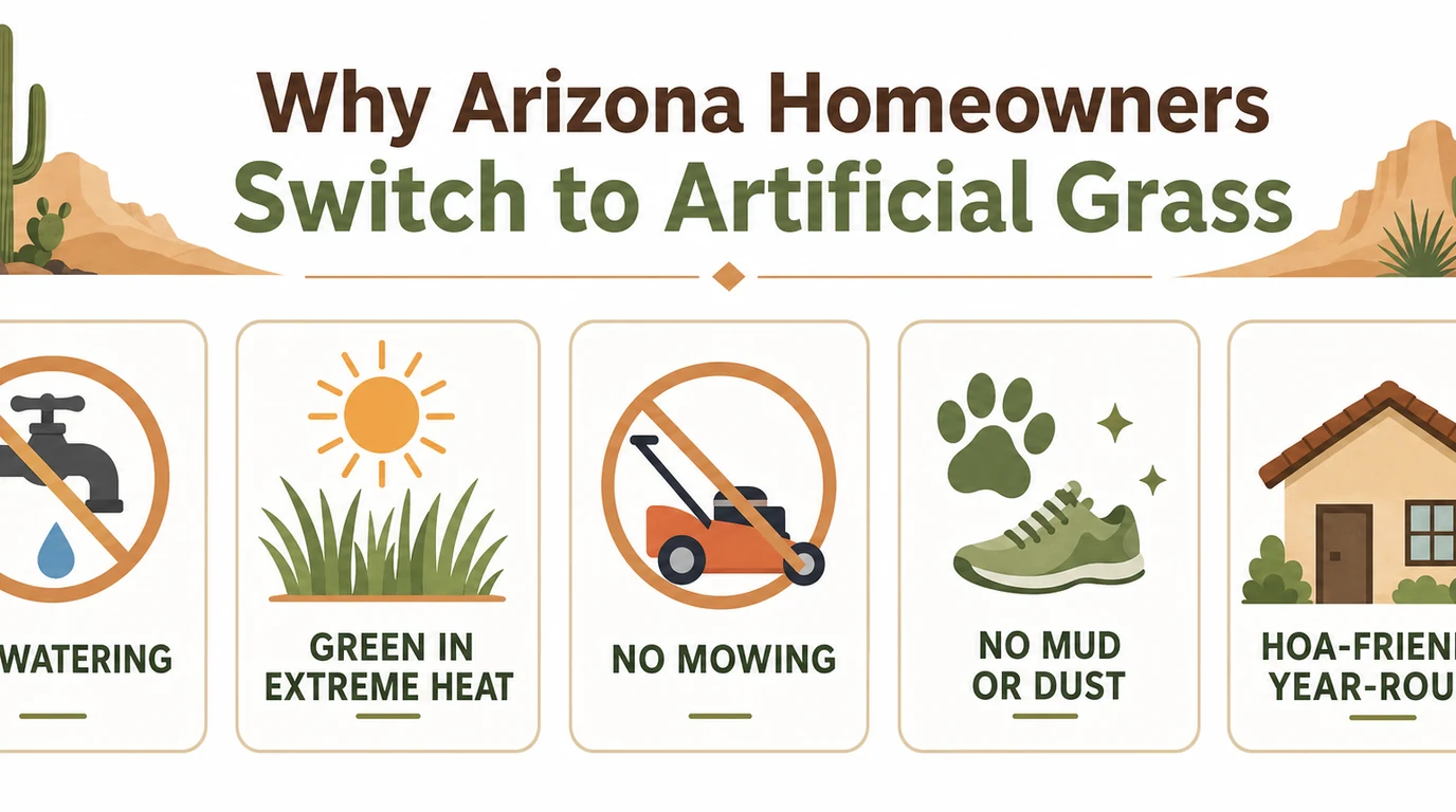 Lush artificial grass backyard in an Arizona home, green and clean in summer heat