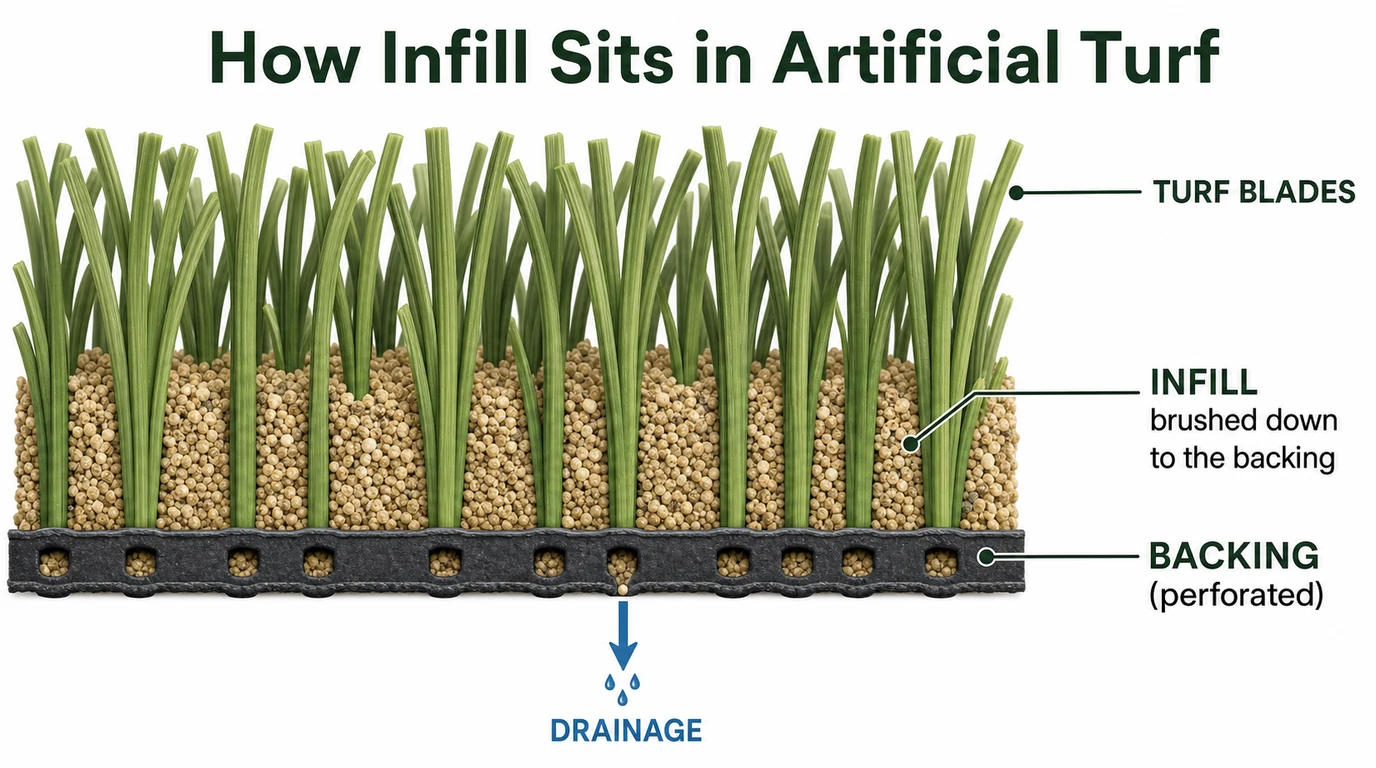 Cross-section diagram showing artificial grass infill seated at the base of turf blades above the backing