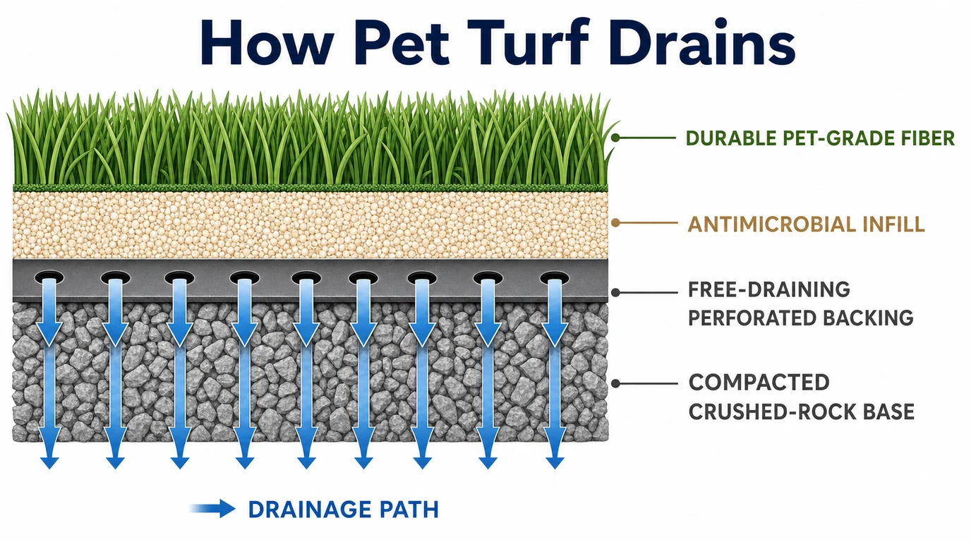 Cross-section diagram of pet artificial turf showing free-draining perforated backing, drainage path, and antimicrobial infill layers