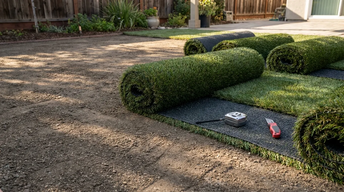 A homeowner compacting the base course before laying artificial turf in a sunny backyard
