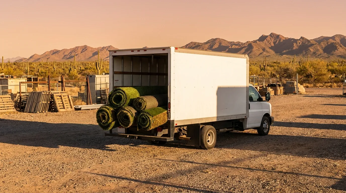 Turf delivery truck loaded with artificial turf rolls at a supply yard with Arizona desert and mountains behind