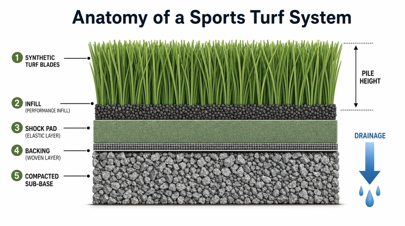 Labeled cross-section diagram showing the anatomy of a sports turf system: shock pad, backing, infill depth, and pile height
