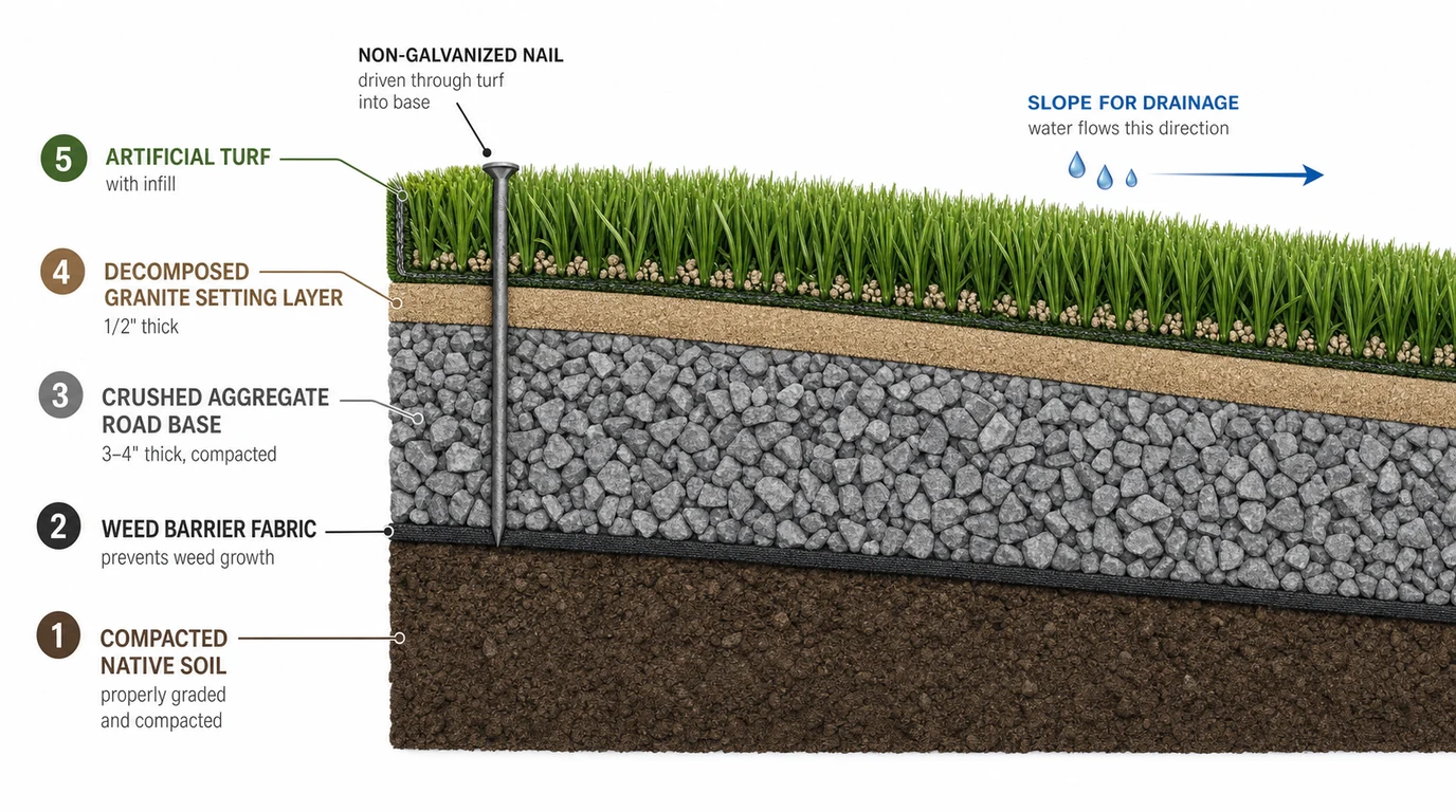 Labeled cross-section diagram of an artificial turf installation showing compacted soil, weed barrier, crushed aggregate base, decomposed granite setting layer, and turf with infill