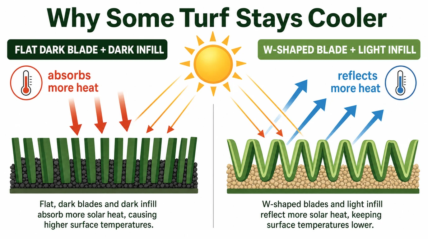 Diagram showing how W-shaped heat-reflective turf blades and lighter infill reduce surface heat compared to flat dark blades