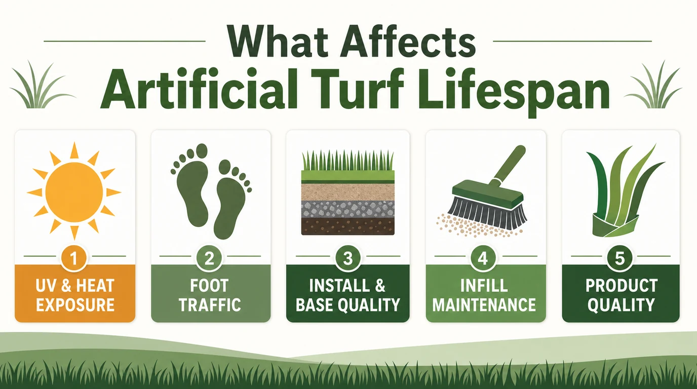 Diagram showing the key factors that affect artificial turf lifespan including UV exposure, traffic, and install quality