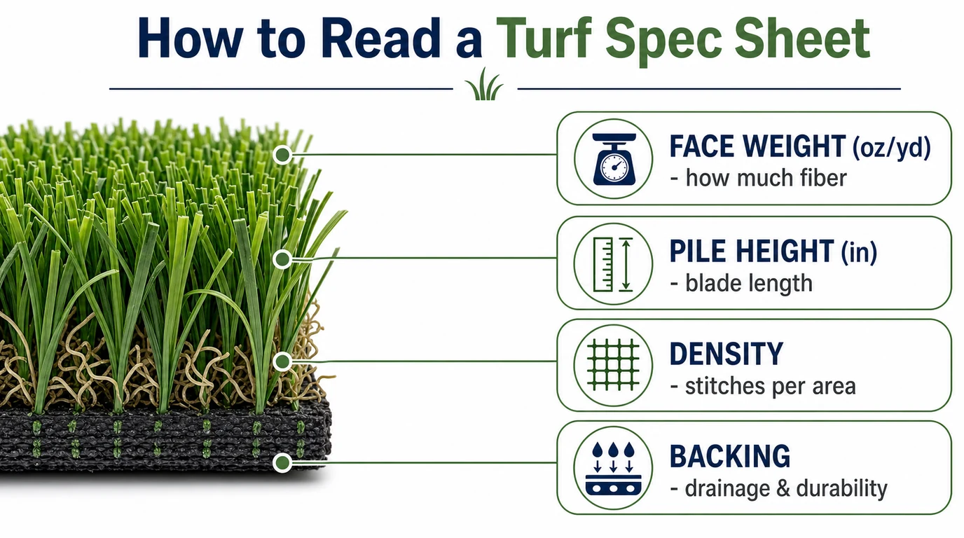Labeled diagram showing how to read an artificial grass spec sheet — face weight, pile height, density, and backing