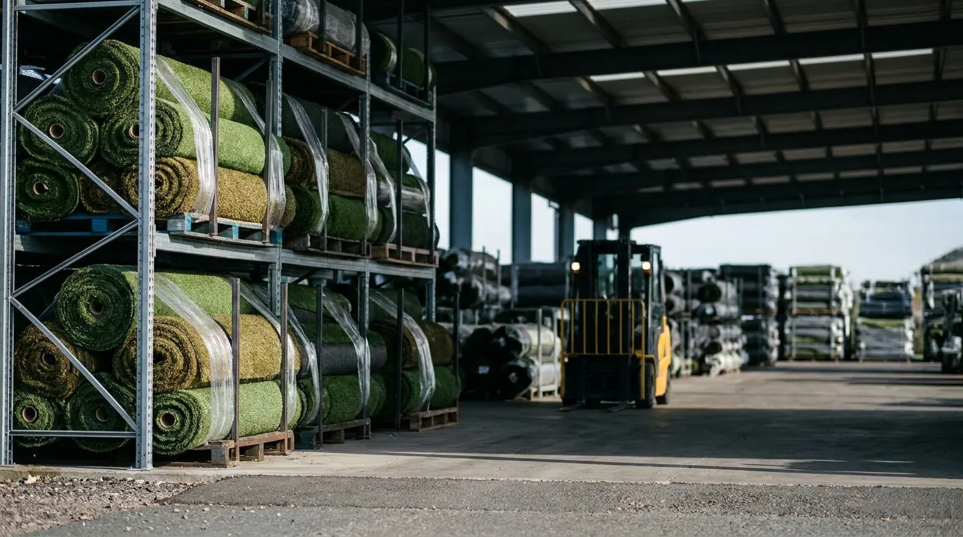 Bulk rolls of artificial turf stacked on pallets in a wholesale supply yard