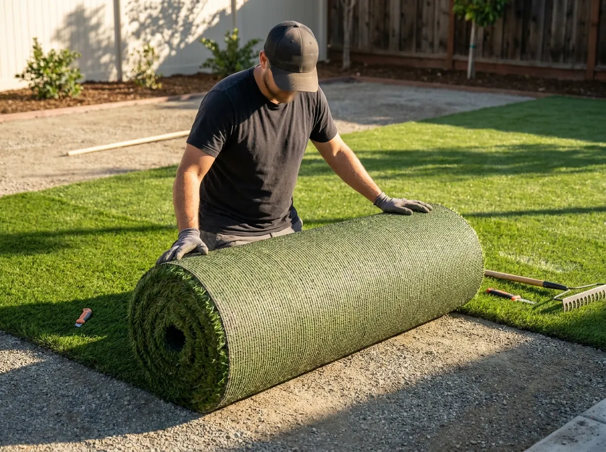 Contractor installing artificial turf on a jobsite