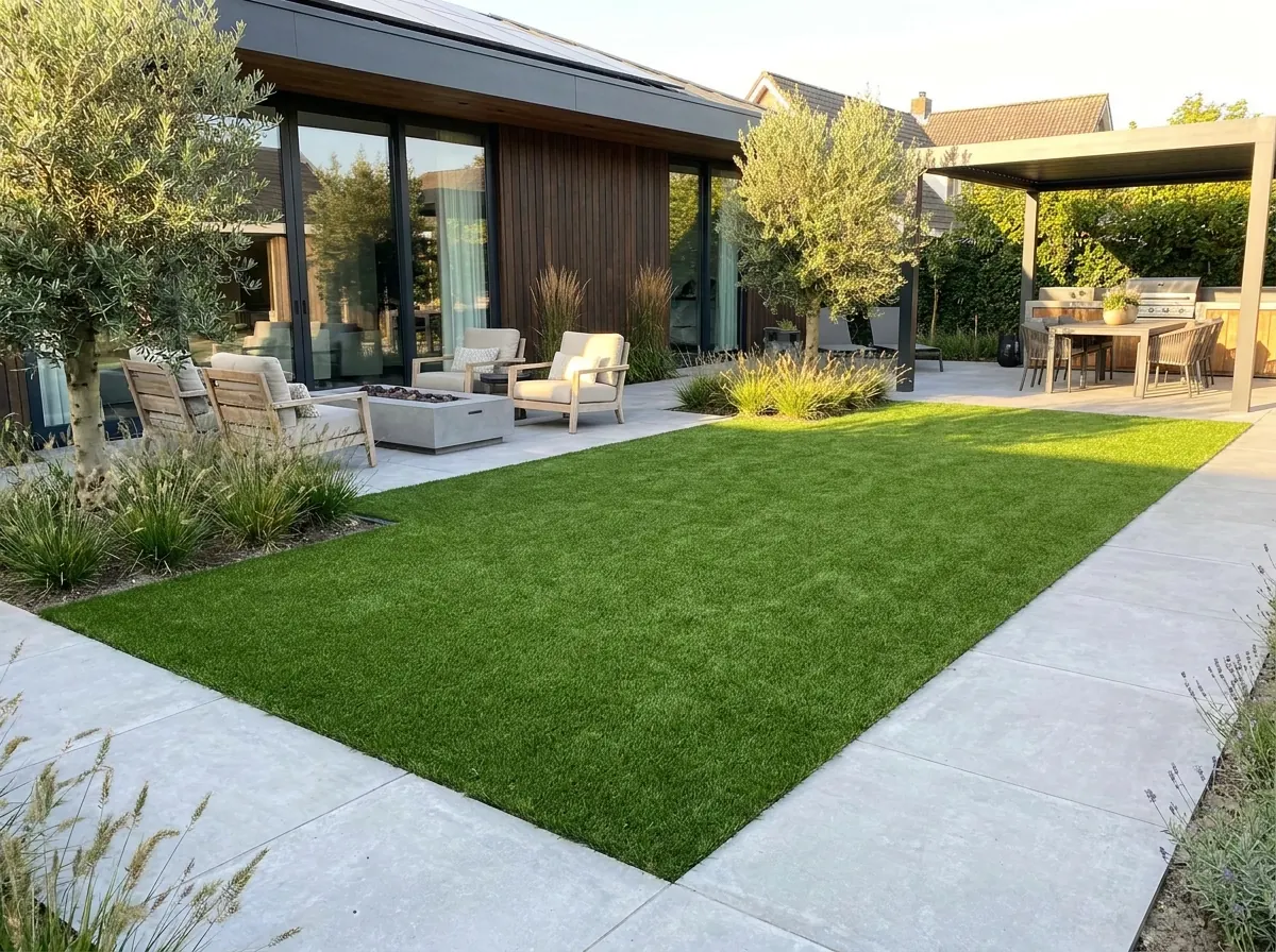 Family enjoying a low-maintenance residential artificial turf lawn