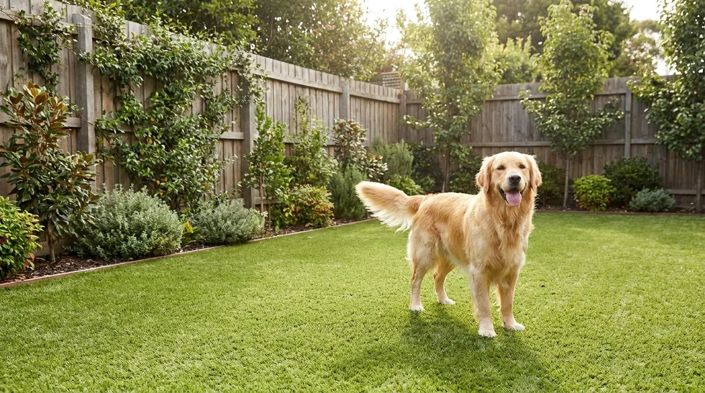 A dog resting on clean, green artificial pet turf in a sunny Phoenix backyard