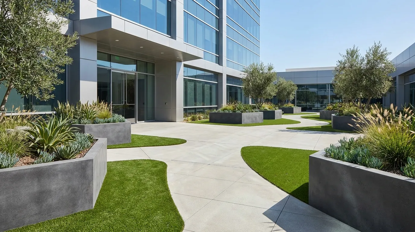 Commercial artificial turf landscaping at a modern business courtyard entrance