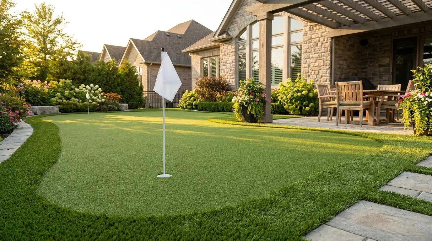 Backyard putting green with a flag in the cup and a manicured fringe