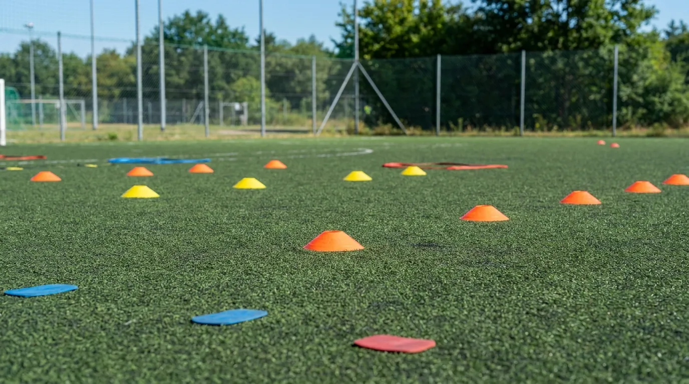 Outdoor artificial sports turf training surface with agility cones