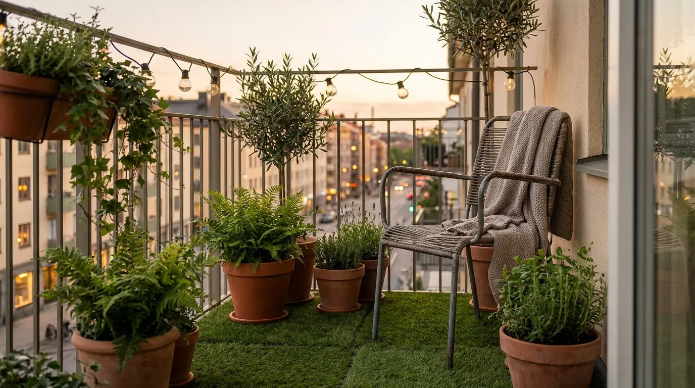 Cozy modern apartment balcony floored with artificial turf and seating