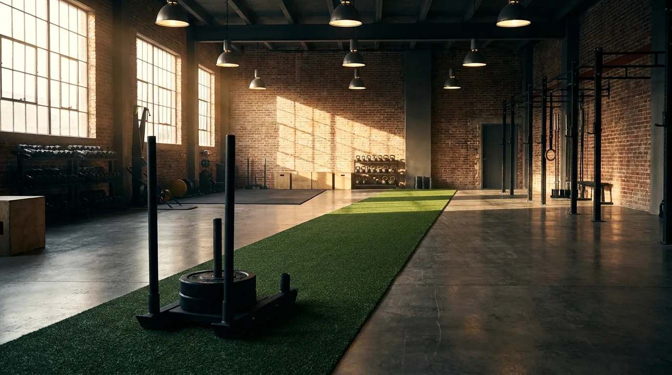 Indoor functional fitness gym with a green turf sled lane and weighted sled