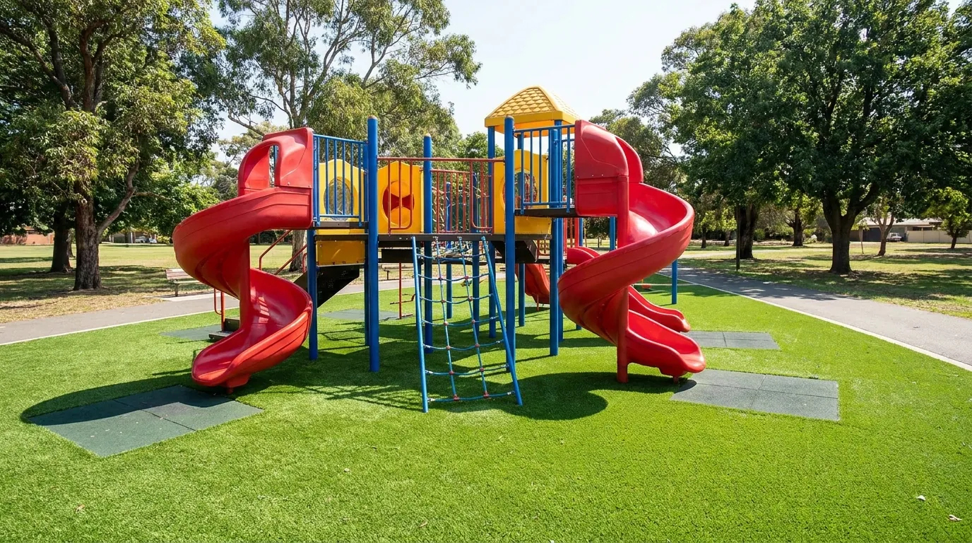 Colorful playground equipment set on a clean green playground turf surface